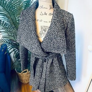 JESSICA SIMPSON Asymmetrical Button-Front Wrap Tweed Trench Coat Jacket